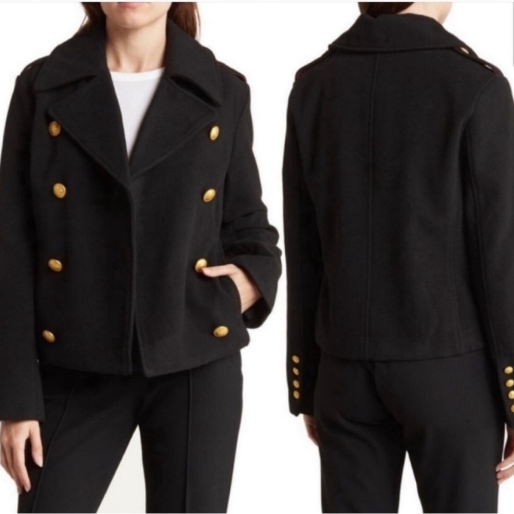 Rebecca Minkoff Short Peacoat Women’s‎ S Black Double Breasted Gold Epaulettes